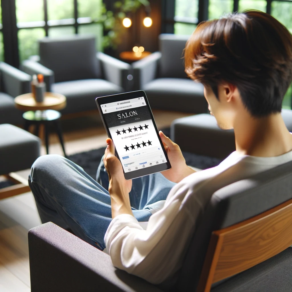 A person reading online salon reviews on a digital device