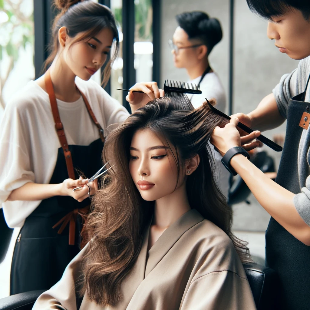 A satisfied client receiving a personalized hairstyle at SQC Hair Salon